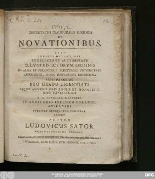 Dissertatio Inauguralis Iuridica De Novationibus