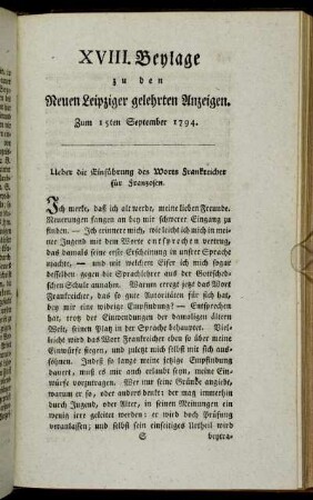 XVIII. Beylage zu den Neuen Leipziger gelehrten Anzeigen. Zum 15ten September 1794.