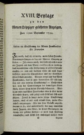 XVIII. Beylage zu den Neuen Leipziger gelehrten Anzeigen. Zum 15ten September 1794.