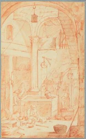 Hof eines großen Gebäudes mit Ziehbrunnen