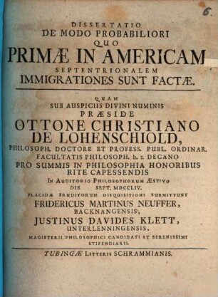 Diss. de modo probabiliori, quo primae in Americam septentrionalem immigrationes sunt factae