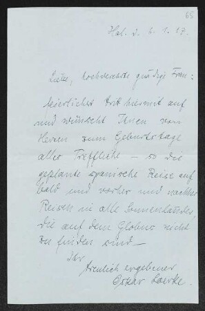Brief von Oskar Loerke an Margarete Hauptmann