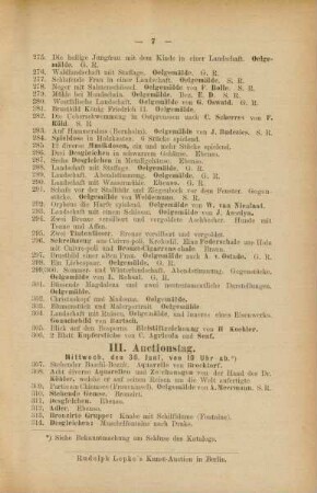 III. Auctionstag. Mittwoch, den 30. Juni, von 10 Uhr ab