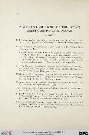 Revue des livres d'art et publications artistiqus parus en alsace. 1919-1922