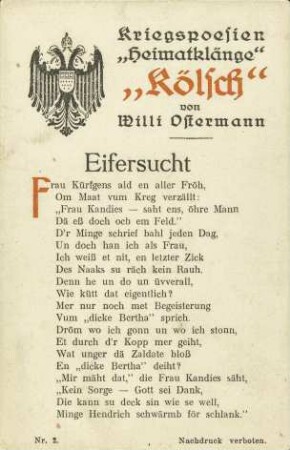 Kriegspoesien „Heimatklänge“ - „Kölsch“ von Willi Ostermann - Eifersucht