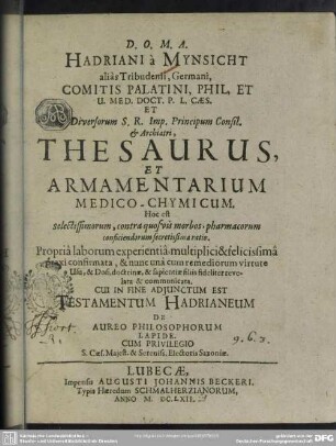 Hadriani a Mynsicht Thesaurus et armamentarium medico-chymicum