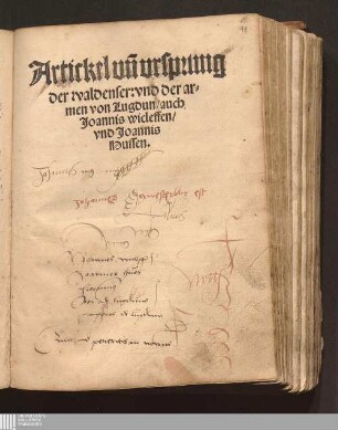 Artickel vn[d] vrsprung der waldenser: vnd der armen von Lugdun/ auch Joannis wicleffen/ vnd Joannis Hussen
