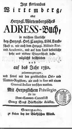 1780: Württembergisches Adressbuch, 1780