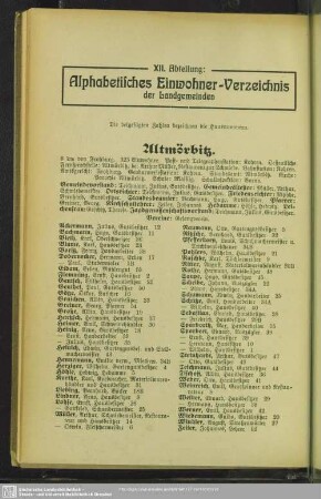XII. Abteilung. Einwohnerverzeichnis : XII. Abteilung. Alphabetisches Einwohner-Verzeichnis der Landgemeinden