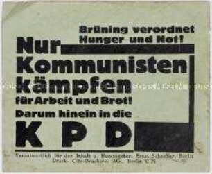 Handzettel der KPD mit dem Aufruf zum Kampf gegen die Notverordnungen