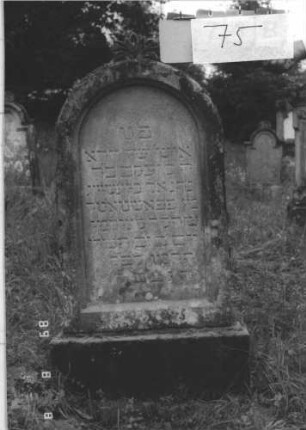Grabstein 75 (Index: 99799559) Material: Sandstein Zustand: verwittert, falsche Stele aufgesetzt Beschreibung: Sockel, auf den eine falsche Stele gesetzt ist Besonderheit: Sockel, auf den eine falsche Stele gesetzt ist: Grabstein 75
