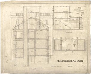Billing, Hermann; Singen; Krankenhaus - Turm (Längsschnitt); Kapellenvorraum (Querschnitt); Wöchnerinnenflügel, Aufzug (Schnitt)