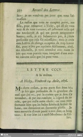 Lettre CCCV. A la même. A Vichy, Vendredi 14. Août, 1676