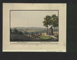 Ansicht vom Moreau-Denkmal, Stich, 1830 : Moreau's Monument nebst Ansicht der Gegend von Dresden, wo dieser Held fiel und ihm das Denkmal auf Befehl Alexand. I. gesetzt wurde = Monument de Moreau ..., avec la vue des environsde Dresde. - Dresden : Beger , [um 1825]. - 1 Kunstbl. : Stich ; 12 x 8 cm +++ Oben rechts: 75
