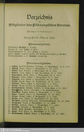 Verzeichnis der Mitglieder des Pädagogischen Vereins