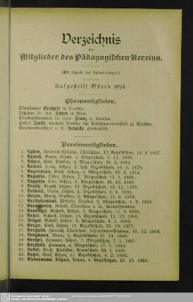 Verzeichnis der Mitglieder des Pädagogischen Vereins