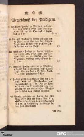 Verzeichniß der Predigten.