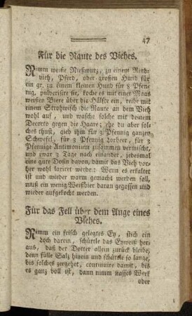 Für das Fell über dem Auge eines Viehes