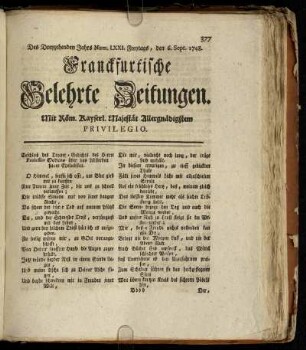 Num. LXXI. Freytags, den 6. Sept. 1748 - Num. LXXX. Dienstags, den 8. Octobr. 1748