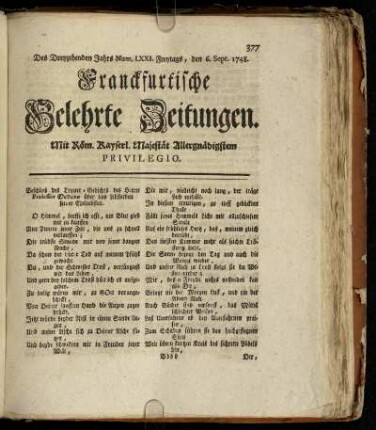 Num. LXXI. Freytags, den 6. Sept. 1748 - Num. LXXX. Dienstags, den 8. Octobr. 1748