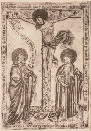 Kreuzigung mit Maria und Johannes sowie lateinischem Schriftband