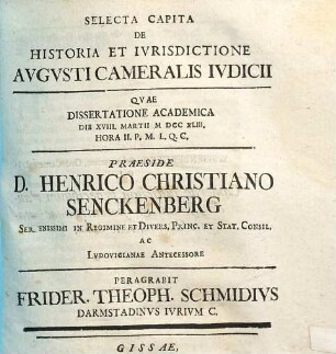 Selecta capita de historia et iurisdictione augusti cameralis iudicii