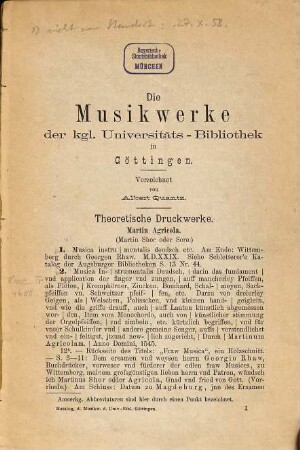 Die Musikwerke der kgl. Universitäts-Bibliothek in Göttingen