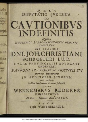 Disputatio Iuridica De Cautionibus Indefinitis