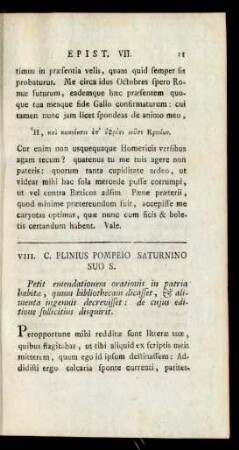 VIII. C. Plinius Pompeio Saturnino Suo S.