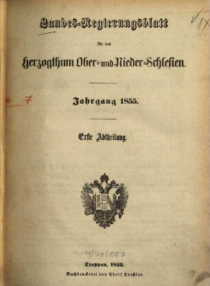 Landes-Regierungsblatt für das Herzogthum Ober- und Niederschlesien. Abth. 1. 1855, Abt. 1