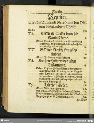 Register. Uber die Titul und Gebet, aus den Psalmen dieses andern Theils