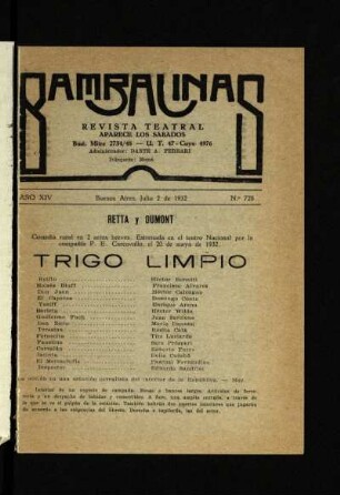 Trigo limpio : comedia rural en dos actos breves