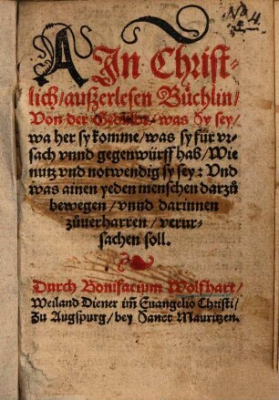 Ain Christlich, außerlesen Büchlin, von der Geduldt, was sy sey ...