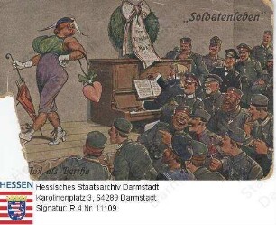 Militär, Feldpostkarten / Feldpostkarte mit Karikaturen 'Soldatenleben. Max als Bertha' und rückseitigem Gedicht