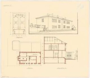 Zweifamilienhaus Monatskonkurrenz Februar 1930: Lageplan; Grundriss Keller, Querschnitt; perspektivische Ansicht