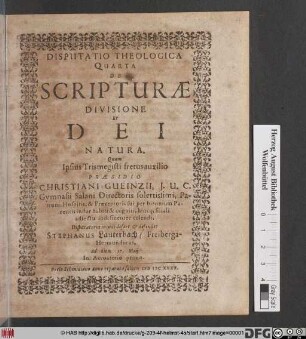 Disputatio Theologica Quarta De Scripturae Divisione Et Dei Natura