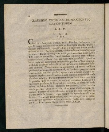 36, Clarissimo atque Doctissimo amico suo Aestumatissimo.