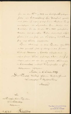 Schriftstück an den Königlichen Bau Inspector Salzenberg in Hirschberg vom 6. Oktober 1849: Schreiben von Massow an Salzenberg, zusammenhängende Blätter Inv.Nr. 60240,1-3