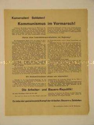 Programmatischer Agitationsaufruf an die Soldaten zum Kampf der Arbeiter, Bauern und Soldaten für eine Arbeiter- und Bauern-Republik