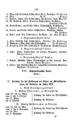 Termine für die Prüfungen der Lehrer an Mittelschulen sowie der Rektoren im Jahre 1879