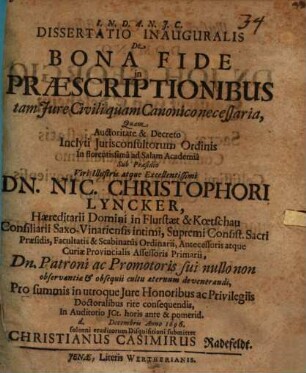 Dissertatio Inauguralis De Bona Fide in Praescriptionibus tam Iure Civili quam Canonico necessaria