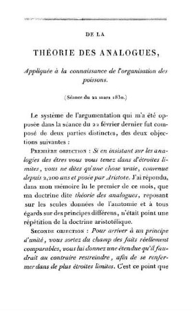 De La Théorie Des Analogues, Appliquée à la connaissance de l'organisation des poissons. (Séance du mars 1830.)