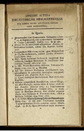 Appendix Altera Bibliothecae Heilmannianae ...