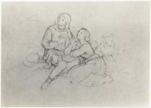 Richter, Adrian Ludwig : Figurenstudie zum Ölgemälde "Schäferpaar in deutscher Landschaft". Blei, 7,5 x 11,5 cm, 1844