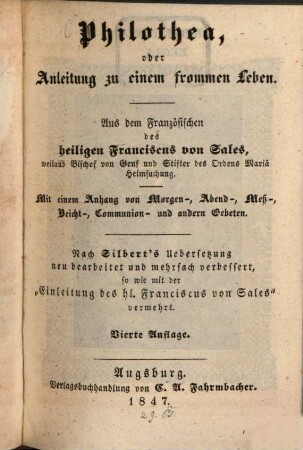 Philothea, oder Anleitung zu einem frommen Leben