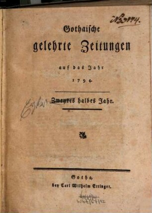 Gothaische gelehrte Zeitungen : auf das Jahr .... 1794,1