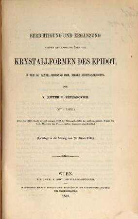 Separatabdrücke aus den Sitzungsberichten der Kais. Akademie der Wissenschaften in Wien, math.-naturwiss. Cl. : In 1 vol., 4