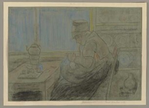 Frau im Profil nach links bei der Handarbeit, in der Küche sitzend