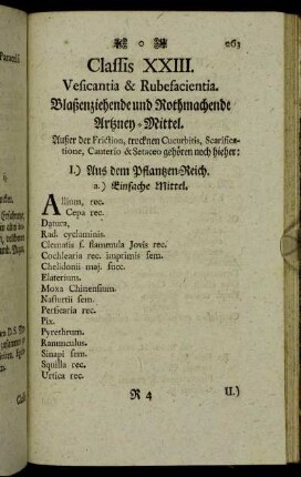 Classis XXIII. Vesicantia & Rubefacientia. Blaßenziehende und Rothmachende Artzney-Mittel.