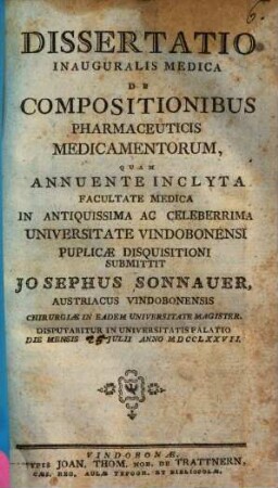 Dissertatio Inauguralis Medica De Compositionibus Pharmaceuticis Medicamentorum